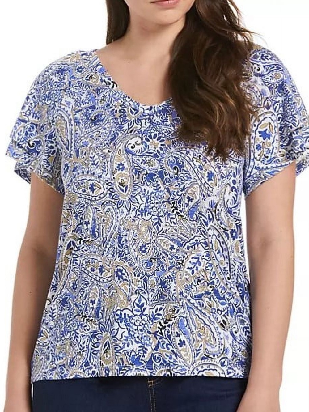NWT RAFAELLA Blue Floral V-Neck Tiered Ruffle Short Sleeve Top Size Large